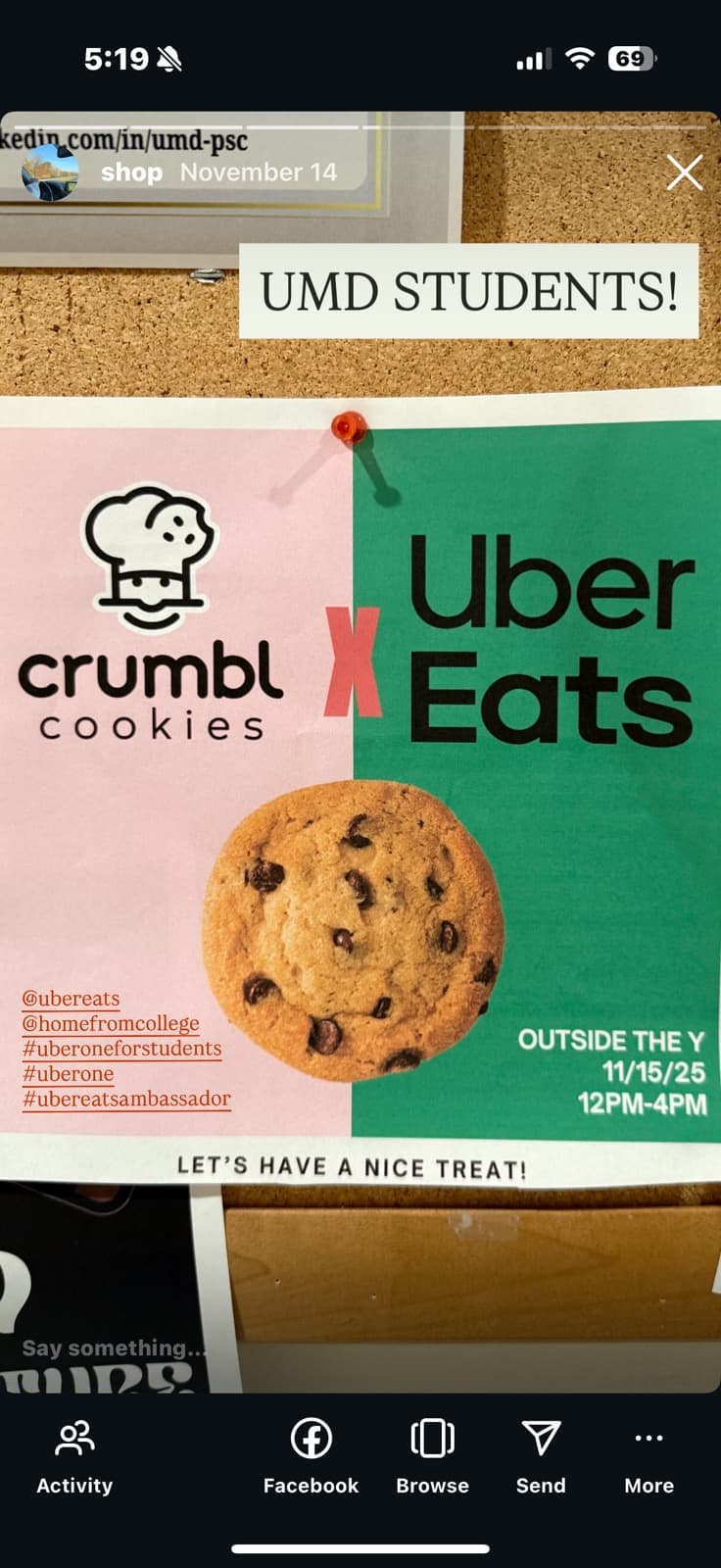 Crumbl x Uber Eats Instagram story