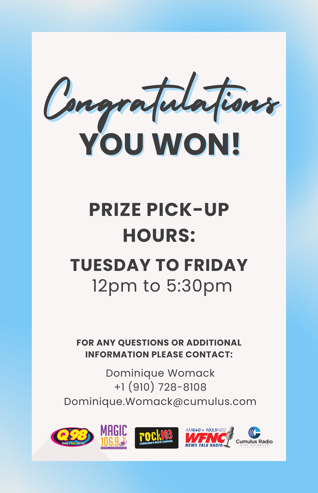 Cumulus Media Prize Pick-Up Hours Sign