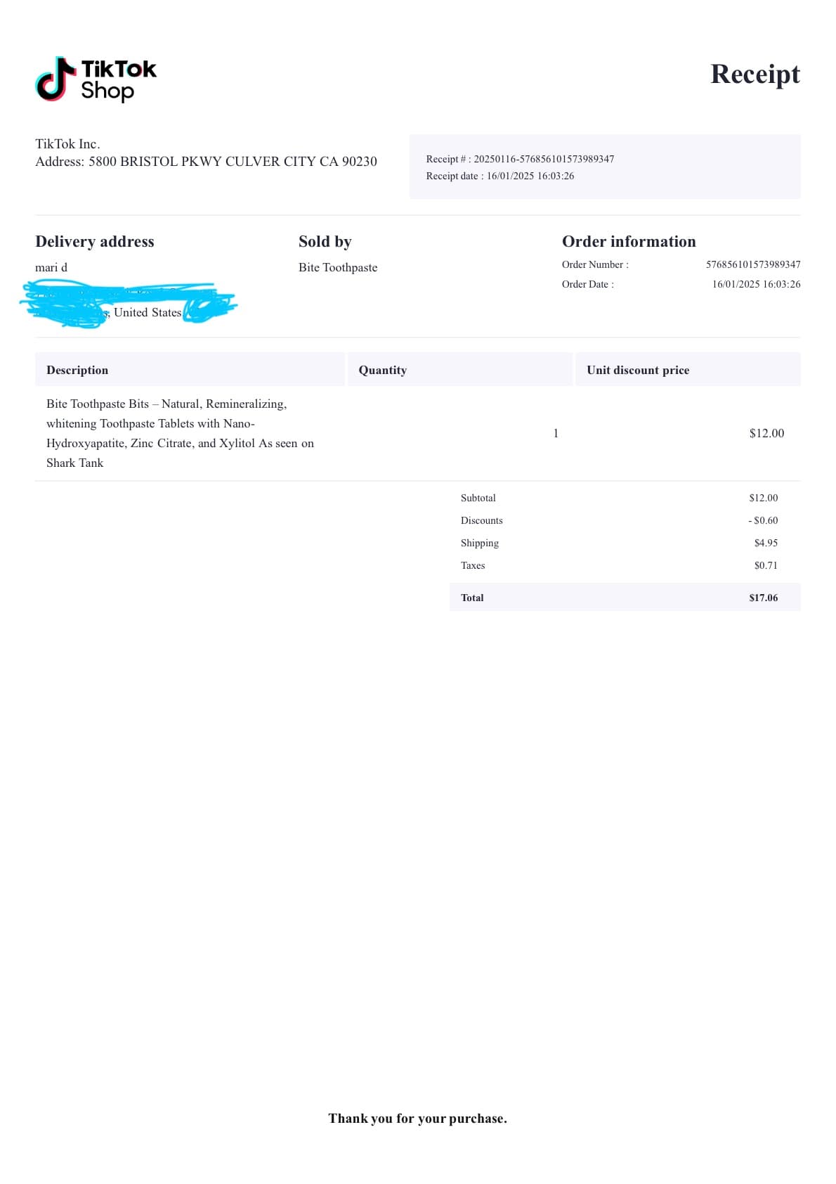 Bite Toothpaste Receipt